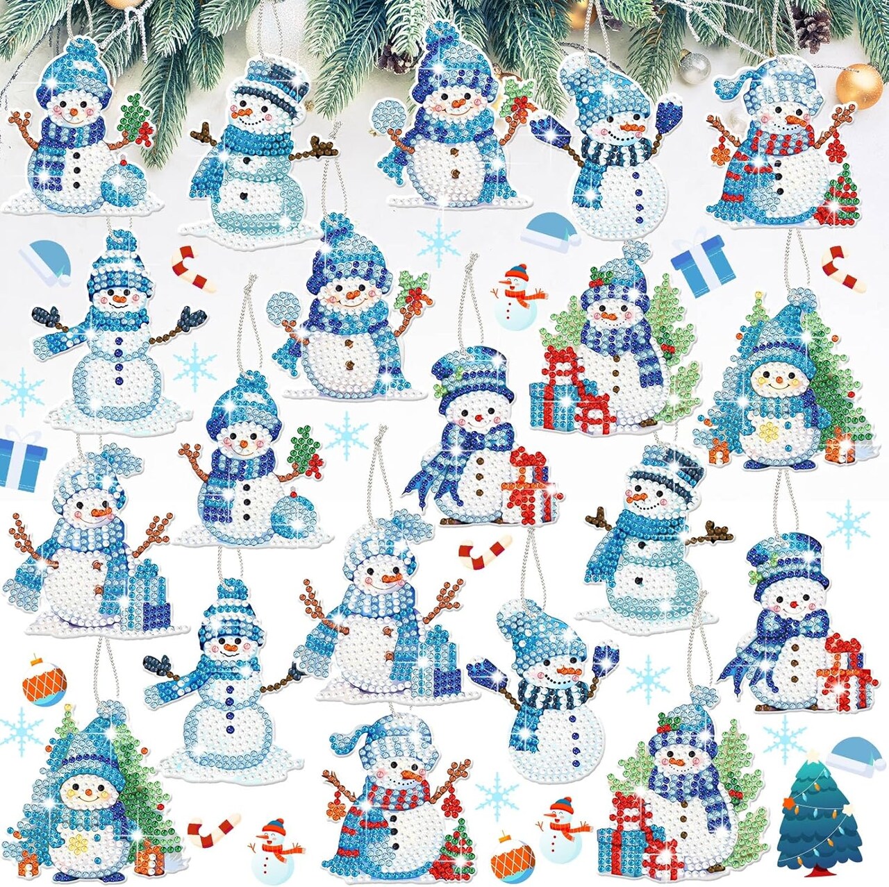 20-Piece Christmas Diamond Art Ornaments – DIY 5D Snowman Gift Wrap Tags with Rope, Winter Hanging Decorations for Home & Holiday Party Craft, Blue